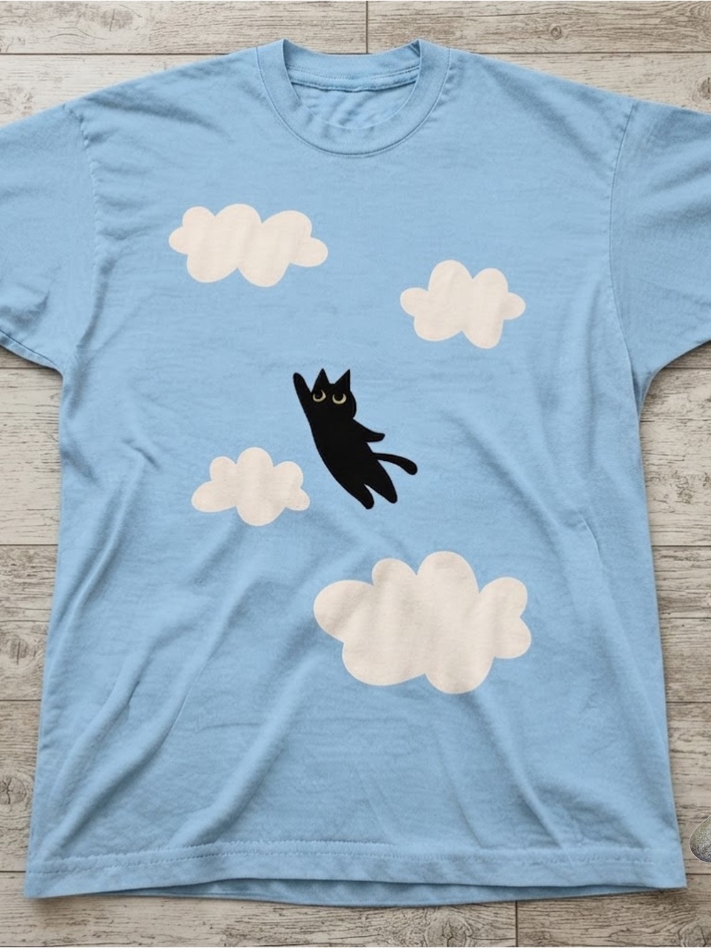 Gildan T-Shirt Cute Black Cat Sky Clouds Graphic Tee Light Blue